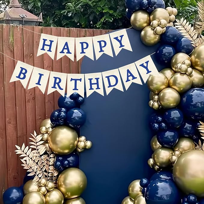 Blue Happy Birthday Banner Pre-strung Burlap Bunting Party Backdrop Sign - Image 6