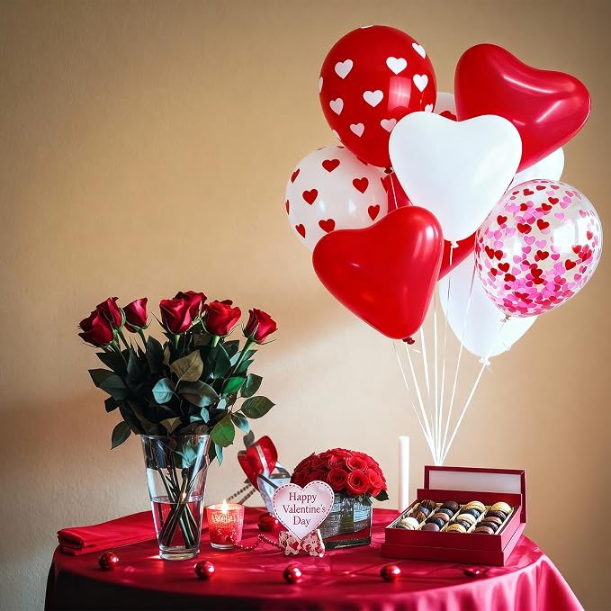 Red and White Heart Balloons, Mothers Day Balloons Heart Shaped Confetti Latex - Image 8