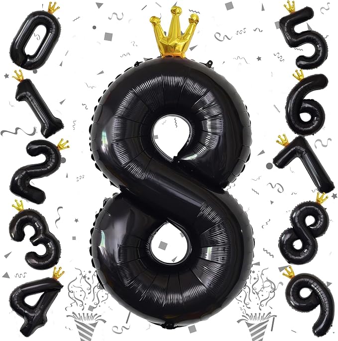40 Inch Black Number Balloons, Big Crown Foil Number 8 Balloons - Image 8