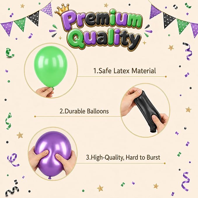 Purple and Green Balloons, 12 Inch Metallic Purple Black Green and Confentti - Image 3