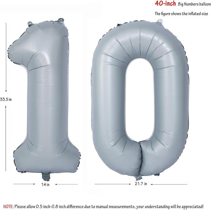40 In Matte gray Number Balloon Helium Foil Mylar Birthday Balloon Digit 10 | - Image 2