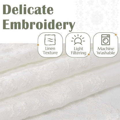 jinchan Floral Linen Curtains Embroidered Back Tab 50x90in 2 Panels White | - Image 4