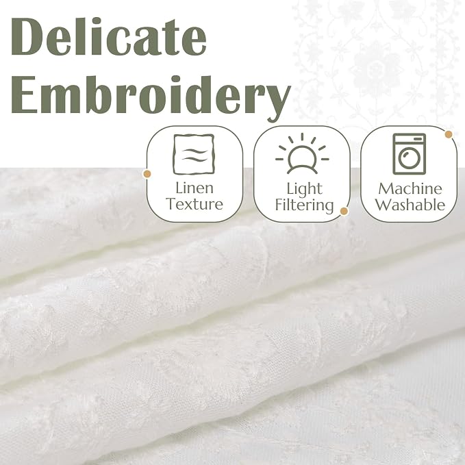 jinchan Floral Linen Curtains Embroidered Back Tab 50x84in 2 Panels White | - Image 4