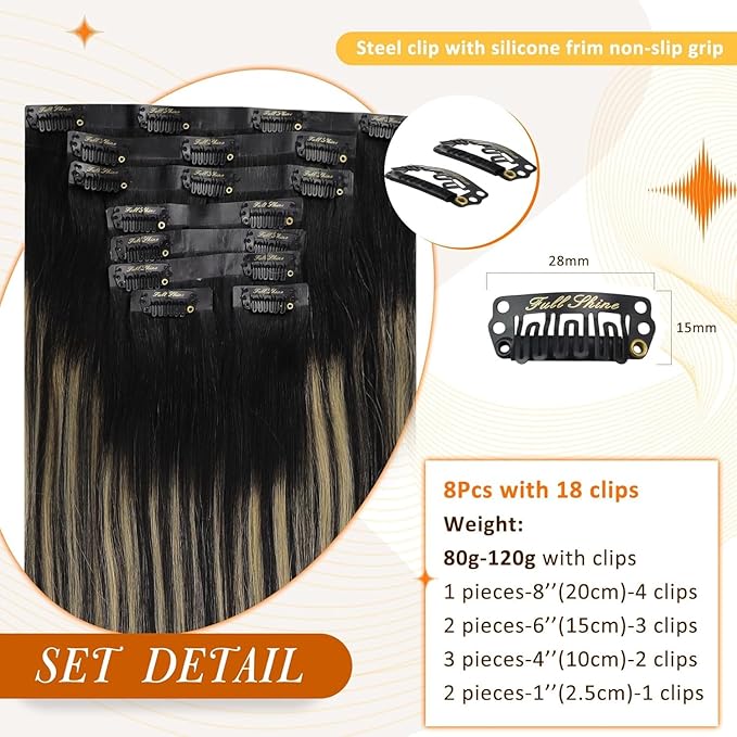 Full Shine Hair Clip in Extensions 14 Inch Seamless Clip in Hair Extensions Black Ombre Honey Blonde With Black Seamless Human Hair Clip ins Extension Skin Weft 8 Pcs 120 G