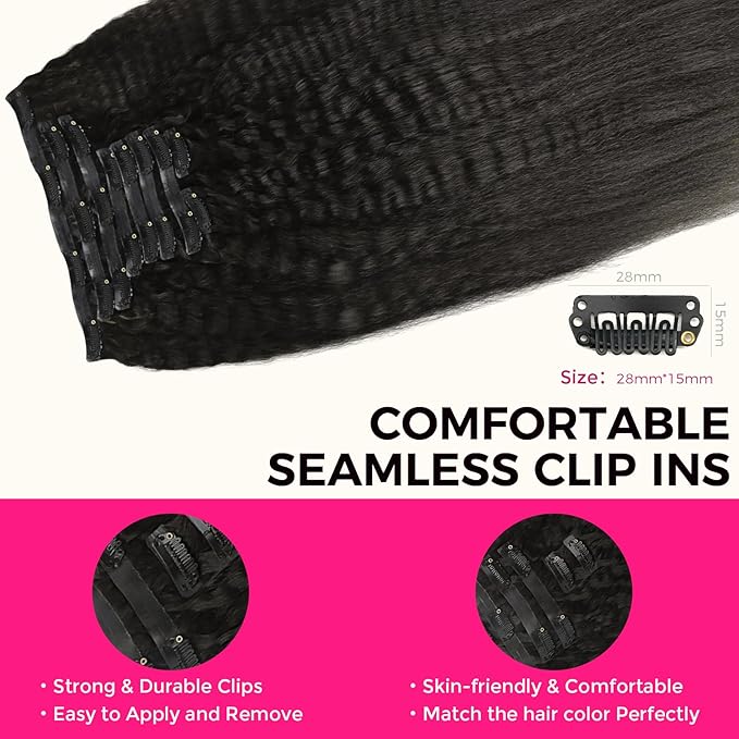 Lashey Seamless Clip in Hair Extensions Human Hair 150g 9pcs 20 Inch Kinky Straight Natural Black Real Human Hair Clip in Hair Extensions with Soft PU Weft