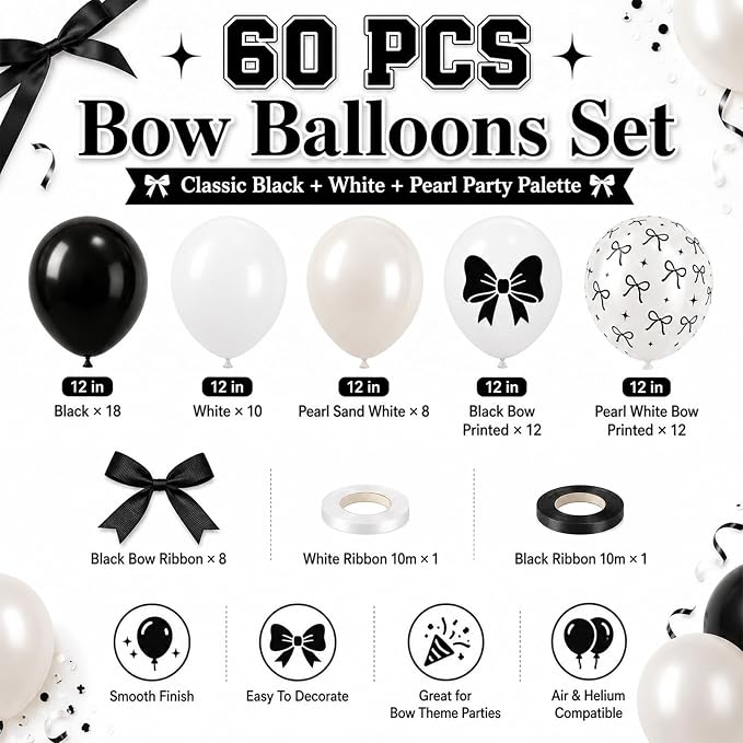 Black Bow Balloons 60PCS Printed Bow - Image 2
