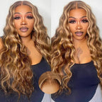 KLAIYI Bye Bye Knots Glueless Wig Highlight Blonde Body Wave Pre Cut 7x5 HD Lace Front Wigs Human Hair Pre Plucked Pre Bleached Pre Everything Wear and Go Wig 12A Ombre Brown 30S Ready To Wear 26Inch