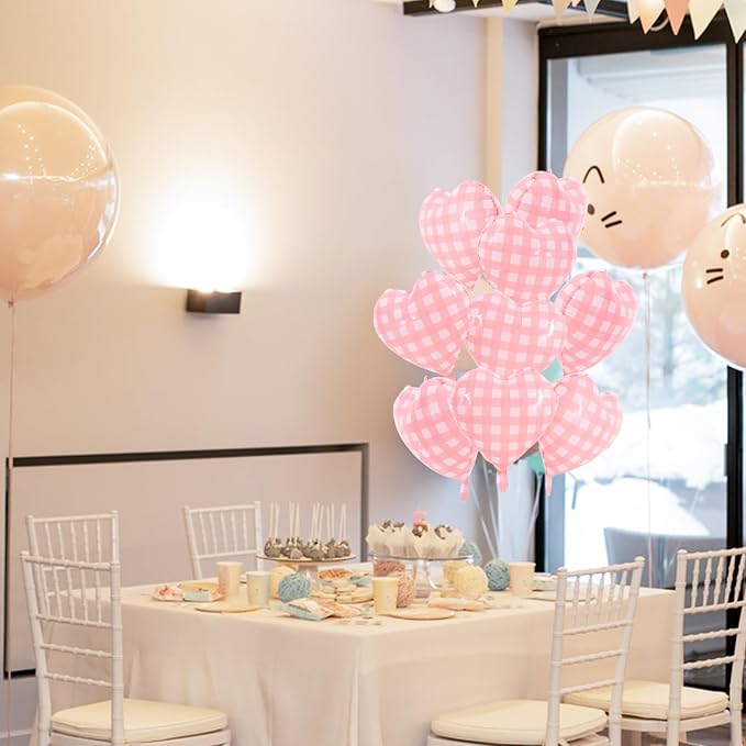 TONIFUL 30 Pcs Pink Gingham Heart Balloons 18 Inch Heart Shape Foil Balloon | - Image 3