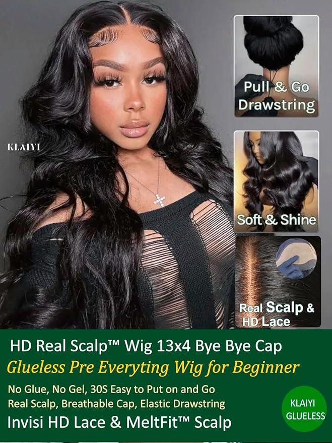 KLAIYI HD Real Scalp Wig 13x4 Lace Frontal Human Hair Wig Loose Body Wave with Face Framing Curtain Bangs Pre Everything Glueless 3S Wear and Go Precut Lace Pre Plucked Pre Bleached 180%Density 20Inch