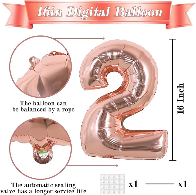 TONIFUL 16 Inch 10 Pcs Fat Rose Gold 0-9 Birthday Number Balloons | Small - Image 2