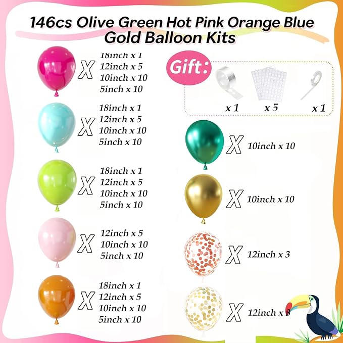 146PCS Tropical Balloon Arch Garland Kit, Olive Green Hot Pink Orange Rose Gold - Image 2