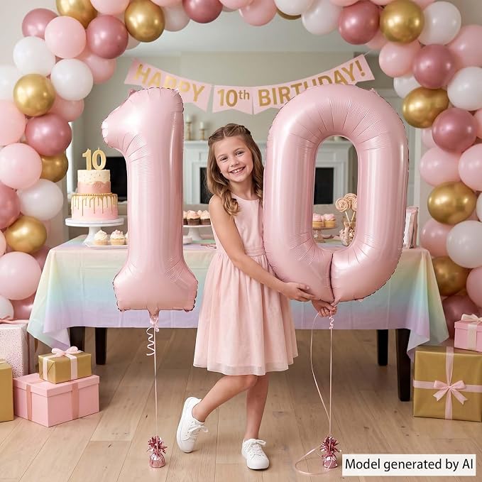 Baby Pink Number 10 Balloon 40 Inch, Foil Digits Festive Party Supplies | - Image 6