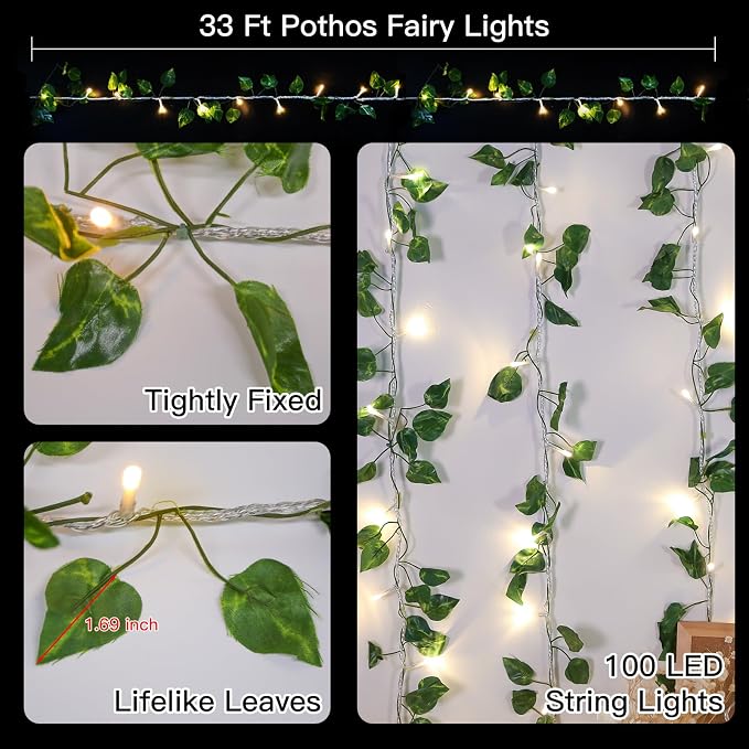 33FT 100 LED Pothos Vine with Fairy Lights Plug in Clear Wire | Connectable - Image 4