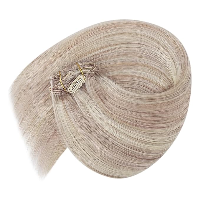 Ve Sunny Clip in Hair Extensions Real Human Hair Ash Blonde Highlight Bleach Blonde Human Remy Hair Extensions Clip ins Short Hair Thick 12inch 80g 5pcs