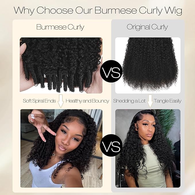 Burmese Curly Human Hair Wig with Spiral End 200% Density 360 Full HD Lace Front Wigs Human Hair Water Wave Wigs for Women 18Inch Pre Plucked with Baby Hair Tiny Knots Natural Black