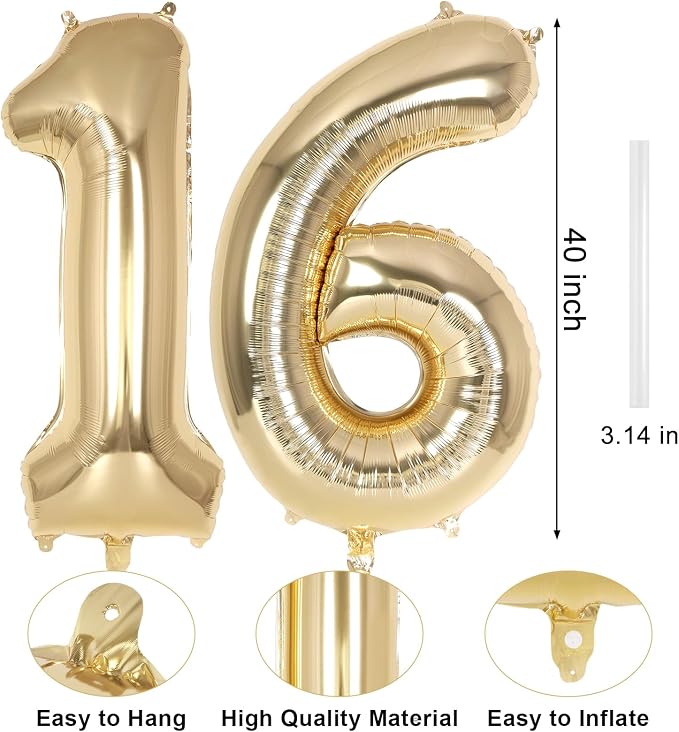 Champagne Gold Large Number 16 Balloon, 40 Inch Light Gold Foil Helium Number - Image 2