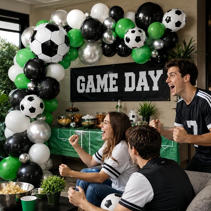 Soccer Balloons, 12 Inch Green Black White Metallic Silver Latex Balloons - Image 3