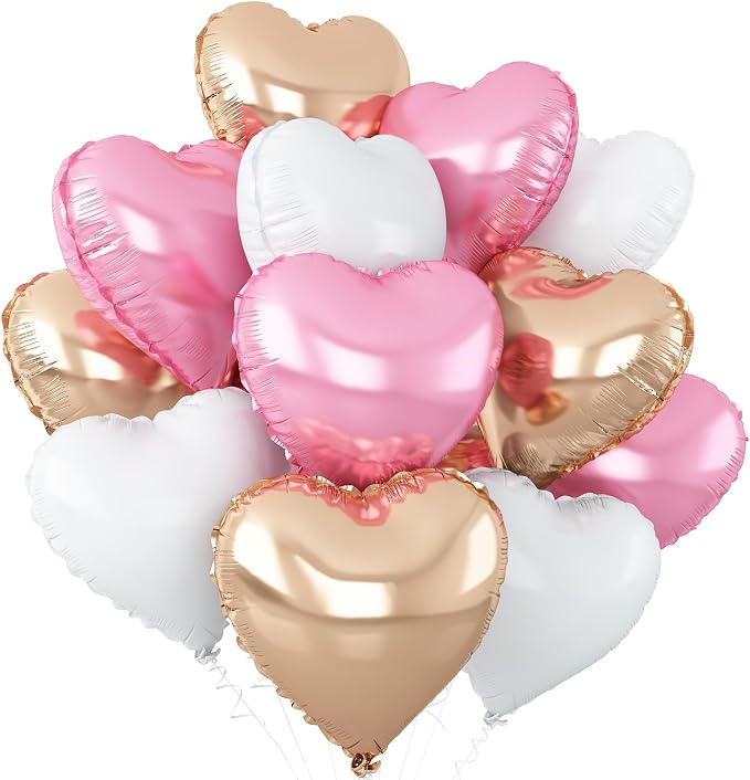 Pink White Heart Balloons, 18Inch White Rose Gold Helium Polyester Film Balloon by Adorely
