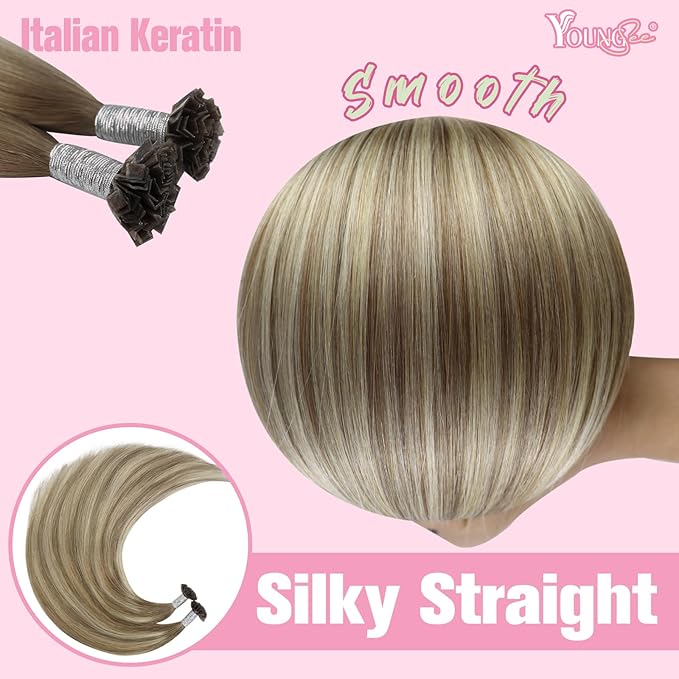 YoungSee K Tip Hair Extensions Real Human Hair Ombre Light Brown and Blonde Ktip Real Hair Extensions 1G/S 50G 22In