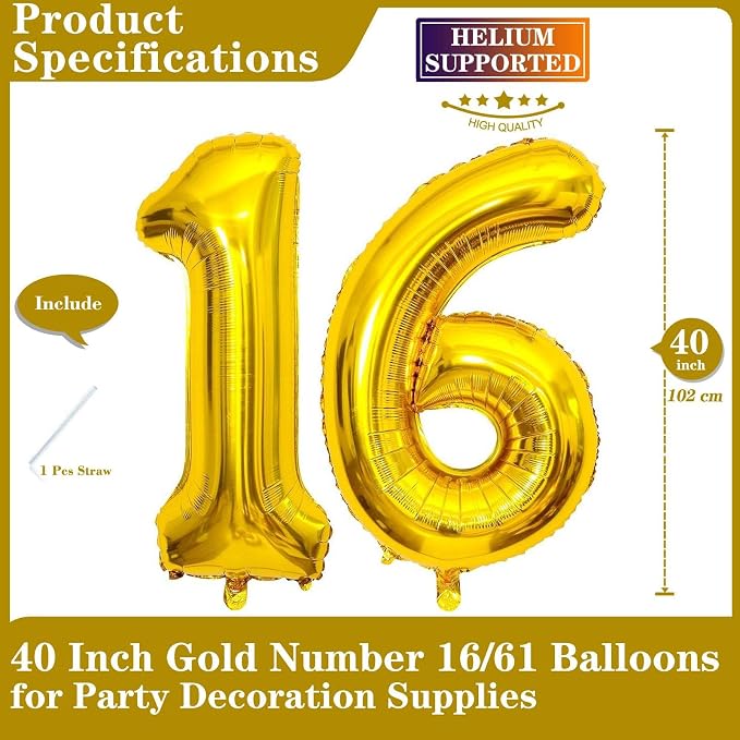 Gold 16 Number Balloons, 40 Inch Giant Number 16 Balloons Foil Mylar Helium - Image 2