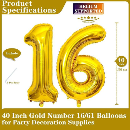 Gold 16 Number Balloons, 40 Inch Giant Number 16 Balloons Foil Mylar Helium - Image 2
