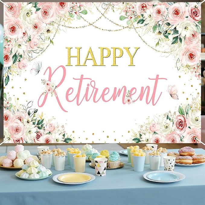Mocsicka Happy Retirement Backdrop Pink Floral Women Retirement Banner Party - Image 5