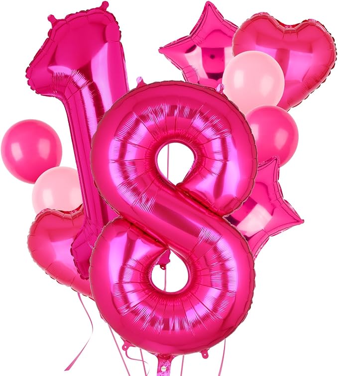 40 Inch Number Balloon Hot Pink 18 Set Pink Theme 18th Birthday Decor 10Pcs | by GGDE