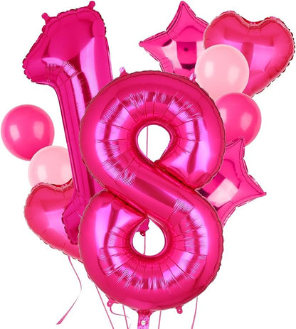 40 Inch Number Balloon Hot Pink 18 Set Pink Theme 18th Birthday Decor 10Pcs | by GGDE