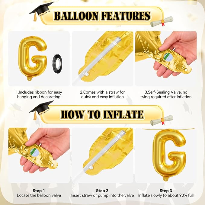Congrats Grad Balloons, 16 Inch Black Gold Congrats Grad Letters Banner Balloons - Image 7