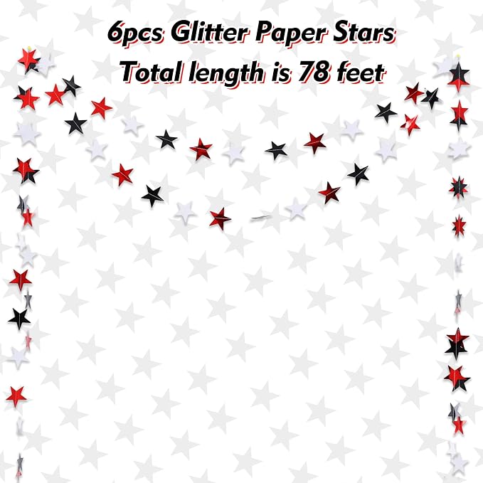 BEISHIDA 6Pcs Black Red and White Glitter Star Garland Decor Twinkle Star - Image 2