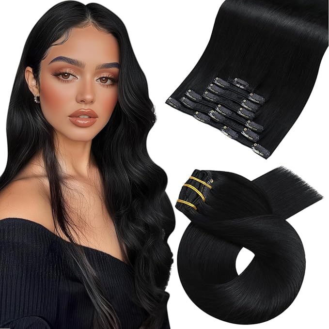Moresoo Black Clip in Hair Extensions 16 inch Double Weft Real Hair Extensions Clip ins Human Hair Jet Black #1 Straight for Women 7Pcs 120G Full Head
