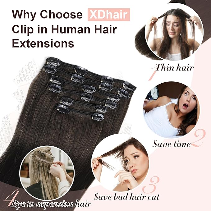 XDhair Clip in Hair Extensions Real Human Hair 18 Inch 120g Natural Straight Human Hair Clip in Extensions for Woman, Soft Straight 6pcs Per Set with 18 Clips Double Weft #1B