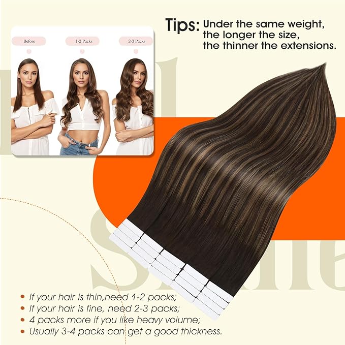 Full Shine Balayage Tape in Hair Extensions Human Hair Color 2/8/2 Human Hair Extensions Tape in 24Inch Remy Seamless Skin Weft 50G 20Pcs Double Sided Adhesive Extension