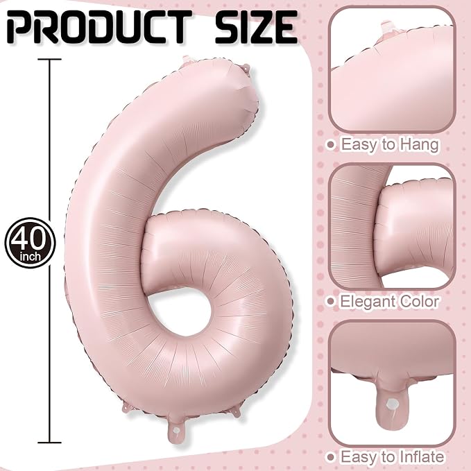 40 Inch 6 Balloon Number, Large Pastel Baby Pink Foil Number 6 Balloons - Image 2