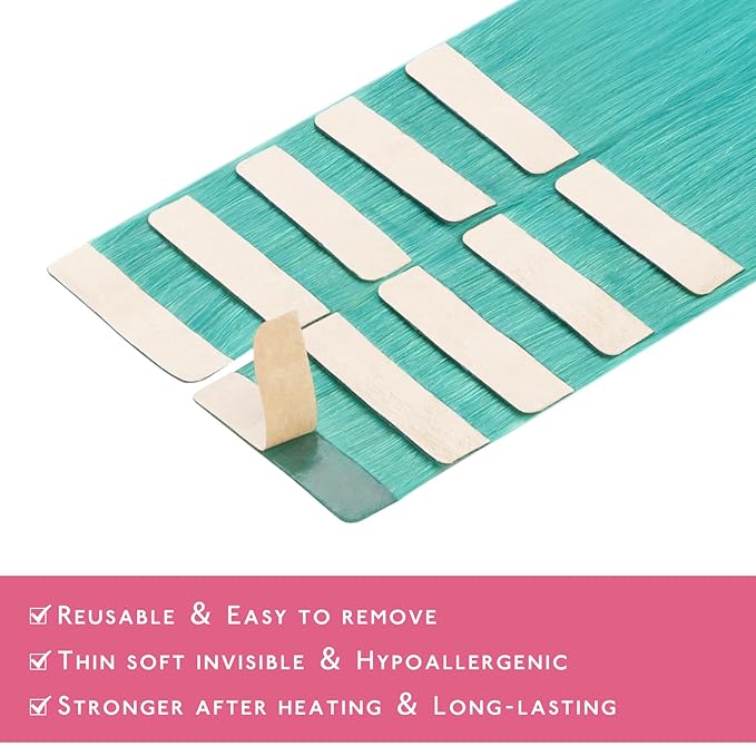 WENNALIFE Tape in Hair Extensions Human Hair Teal Green Tape in Extensions, 10pcs 25g 14 inch Remy Invisible Tape Ins Straight Colored Soft Real Human Hair Tape in Extensions Refill Set Extensions