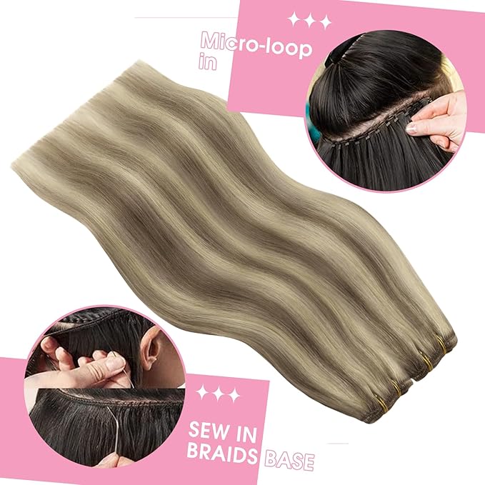YoungSee 100G Weft Hair Extensions Highlight Human Hair Weft Extensions Light Brown Highlight Blonde Sew in Hair Extensions Real Human Hair for Short Hair 14Inch