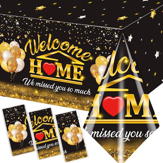 Welcome Home Decorations Tablecloth 3Pcs Welcome Back Home Black Gold We Missed by GREHUMOR
