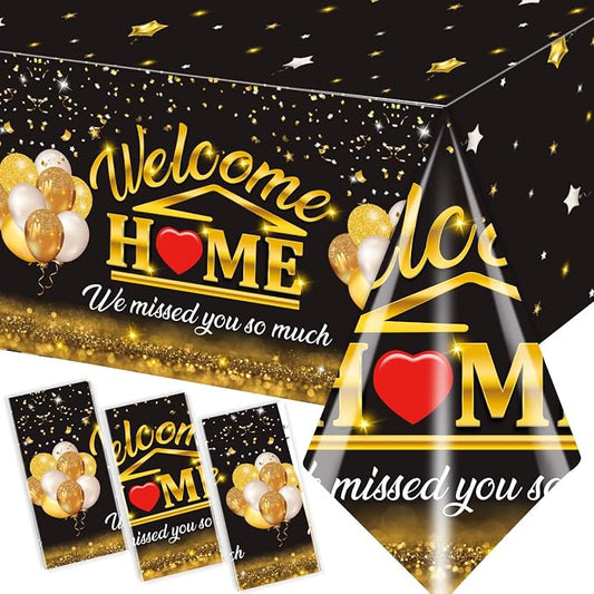 Welcome Home Decorations Tablecloth 3Pcs Welcome Back Home Black Gold We Missed by GREHUMOR