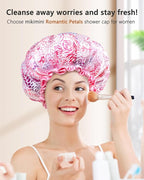 mikimini Large Shower Cap for Women Long Hair, 1 Pack,Romantic Petal Design, Double Layer Waterproof, Reusable, Washable, High-quality, Floral Print