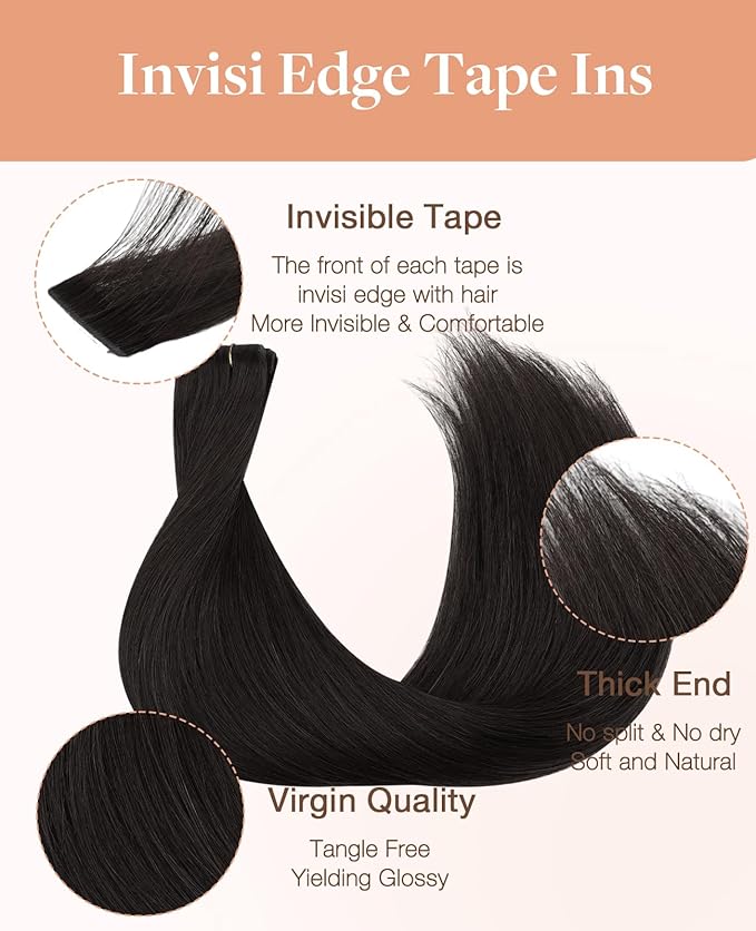 GOO GOO Invisi edge Tape in Hair Extensions Human Hair, 1B Natural black 20pcs 14inch 50g, Virgin Human Hair Tape ins, Seamless Injected Tape in Hair Extensions