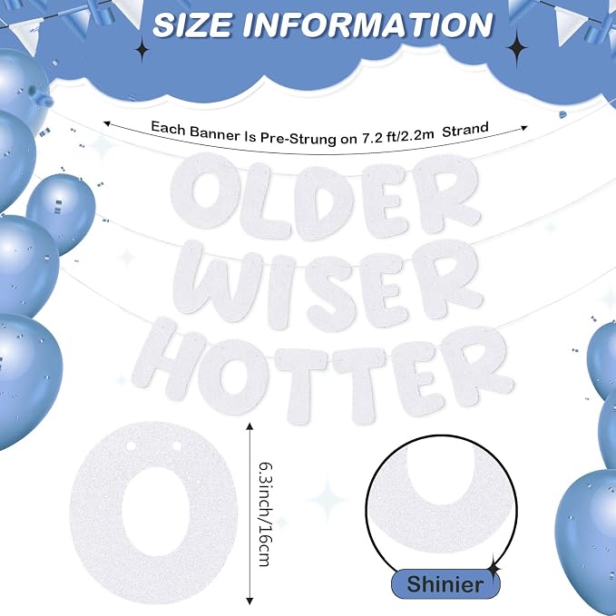 Fulmoon Set of 3 Pre Strung Older Wiser Hotter Glitter Banner Funny Birthday - Image 3