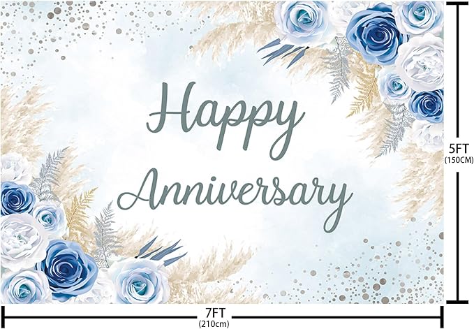 MEHOFOND Boho Happy Anniversary Backdrop Blue Floral Bohemia Pampas Grass - Image 4
