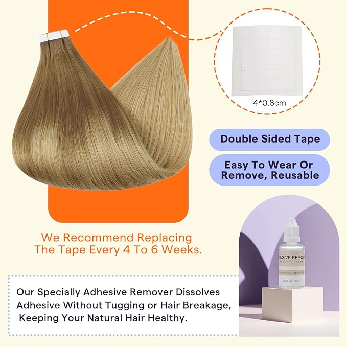 Full Shine Tape in Hair Extensions Human Hair Color 10 Golden Brown Fading to 14 Golden Blonde Invisible Double Sided Human Hair Extensions Tape in 20 Inch Soft and Silky 50 Grams 20 PCS for Wedding