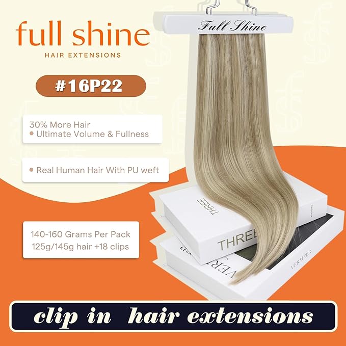 Full Shine Clip in Hair Extensions 22 inch 160g 8Pcs Seamless Human Hair Clip in Extensions Golden Blonde Mix Light Blonde Remy Hair Clip ins PU Skin Weft