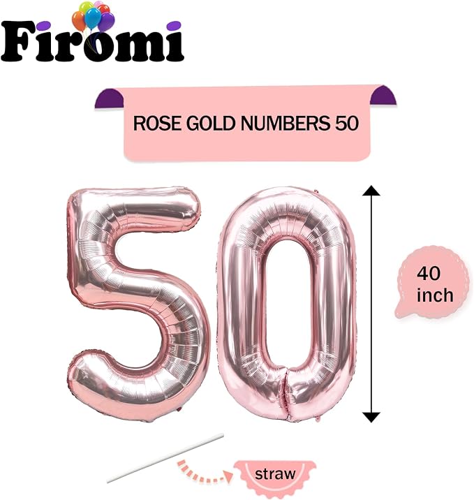 FIROMI 50 Foil Number Balloons Rose Gold 40-inch Big Mylar Balloon Numbers | - Image 2