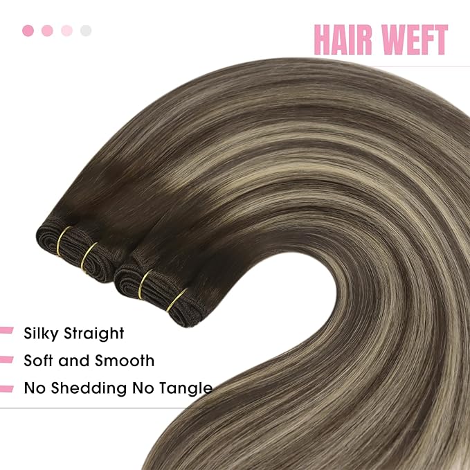 YoungSee Sew in Human Hair Extensions Balayage Hand Tied Weft Hair Extensions Human Hair Sew in Extensions Chocolate Brown with Ash Blonde Balayage Straight Hair Bundle 18Inch 100G