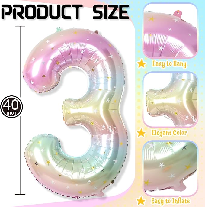 3rd Birthday Balloons for Girls, 40‘’ Foil Self Inflating Rainbow Stars Number - Image 2