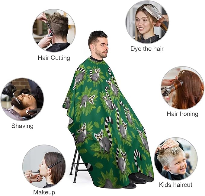 Large Long Hair Cutting Cape, Salon Apron Lemurs Monkey Tropical Green Leaves Floral Haircuting Salon Cape Gown for Hair Cutting Styling