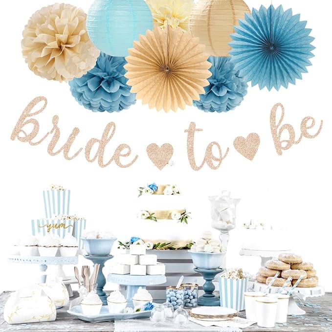 Light-Dusty Blue Beige-Champagne Bridal-Shower Party-Decorations - Image 4