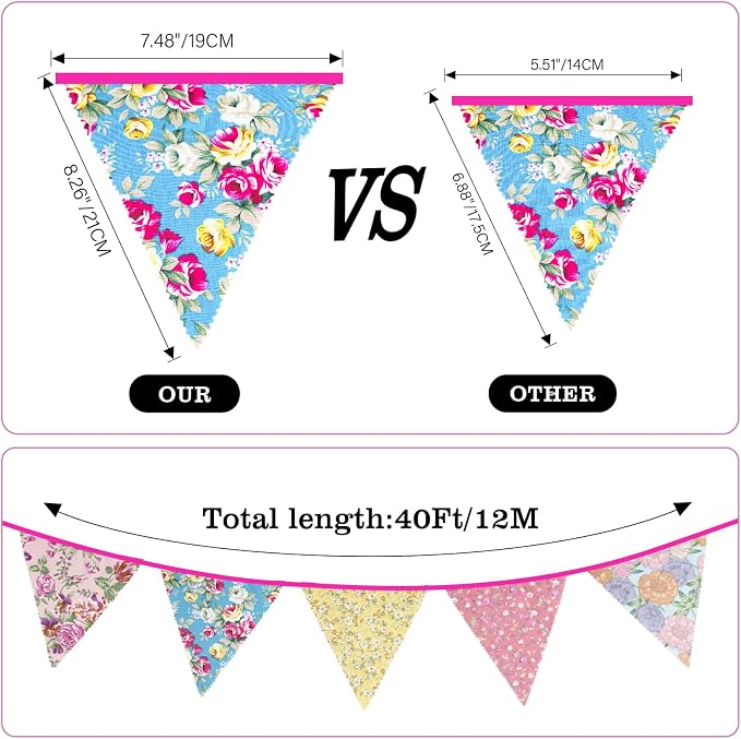 G2PLUS 39Ft Triangle Bunting Banner, Floral Cotton Pennant Banner, Tea Party - Image 2